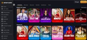 Screenshot einer Online-Casino-Website mit einer großen Auswahl an Live-Casino-Spielen wie Infinite Blackjack, Crazy Time und Monopoly sowie Spielshows wie Sweet Bonanza Candyland und Dead or Alive Saloon. Casino mit schneller Auszahlung.