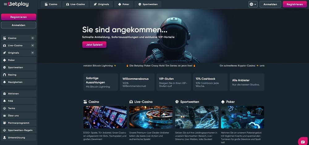 Betplay.io Casino homepage screenshot.